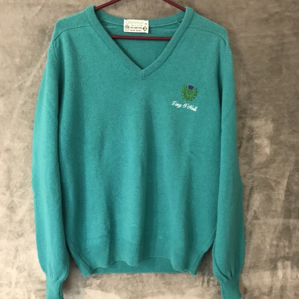 Glenmuir Sweater Mens Extra Large 46 Teal V Neck Lambswool Made in Scotland